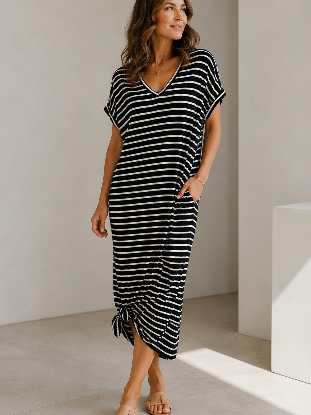 Love Kuza Black White Striped Msxi Dress L V-Neck Vacation Streerwear Casual
